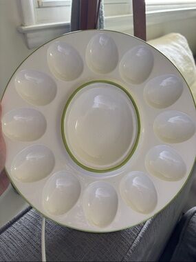 Italian - hand painted Cream Ceramic Deviled Egg Platter with Green Rim